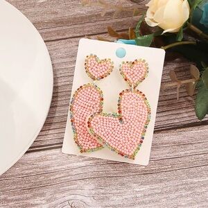 Pink Beaded Heart Drop Earrings with Multicolor Rhinestone Trim